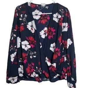 A New Day Women's Floral Wrap Blouse Blue White Pink Red Size XL